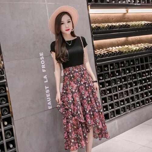 Womens Fashion New Style High Waist Joker Versatile Skirts Chiffon Trumpet Floral Irregular Long Skirts Prairie Chic Feminina