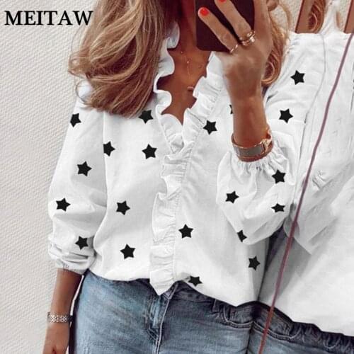 Elegant Ruffle Office Shirts Women Autumn Star Print White Blouse 2020 Casual Long Sleeve V Neck Button Slim Tops