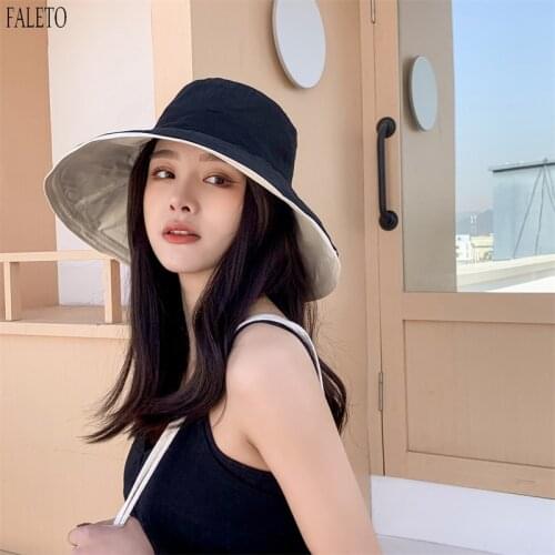 Faleto Womens Sun Hat Cotton Bucket Hat Fashion Summer Beach Wide Brim Hat Travel Packable Reversible Double-Side-Wear Cap 1 Pc