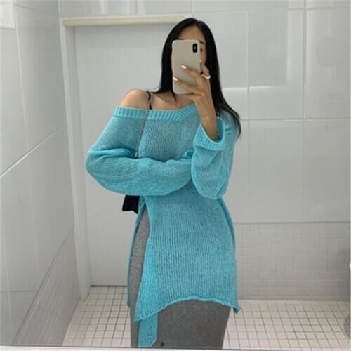 2020 New Arrivals Korean Thin Ice Silk Knitted T-shirt Long-sleeved Split Loose Pullovers Tops Casual Lady Tunic