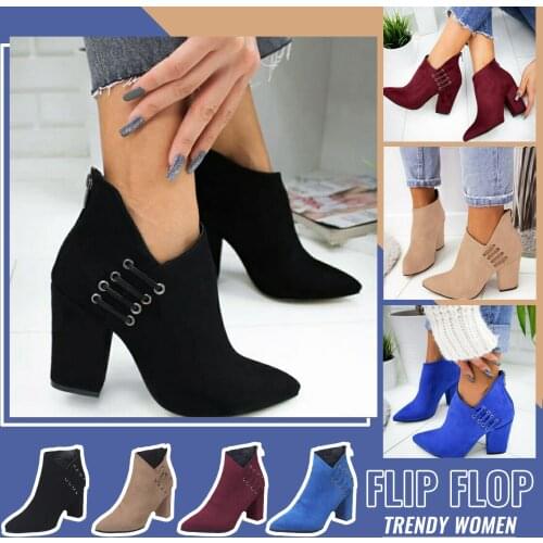 Platform Short Boots For Women Square High Heels Pointed Thick Heel Ankle Boots For Women Fashion Zipper Solid Winter Boots 2021