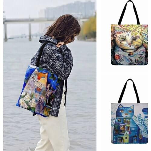 Ladies Shoulder Bags Watercolor Art Circus Cat Painting Print Tote Bag For Women Casual Outdoor Beach Bag Fashion Shopping Bag
