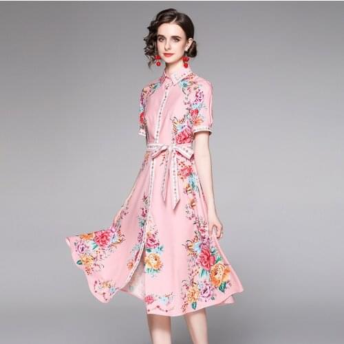 Runway Flower Dress Summer Dress Shirt Women Short Sleeve Floral Print Lace up Belt Bohemian Beach Dress Female k7453