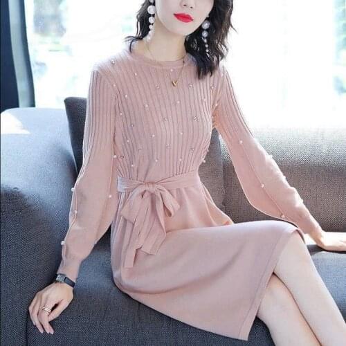 Women 2021 Autumn Winter Thick Warm Sweater Dress Casual Long Sleeve Round Neck Midi Dress Female Clothes Vestidos Mujer X373