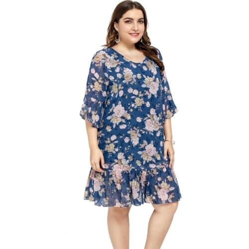 New fashion summer oversize women elegant printed chiffon dress short sleeve O-neck ruffle loose dress Plus size 5XL female G895