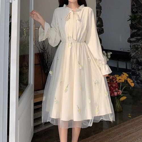 2021Elegant Women Dress Female Casual Flare Sleeve Office Chiffon Bow Print A-line Vintage Sweet Clothing Autumn tulle Dresses