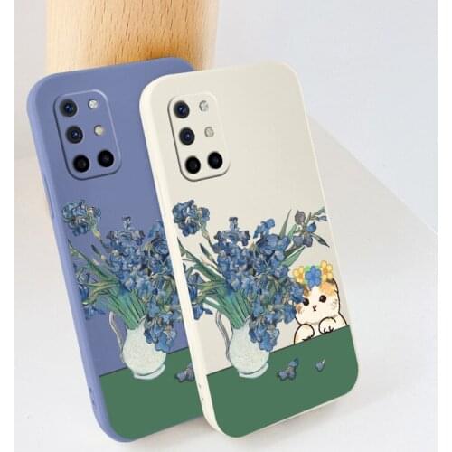 Oil Painting Cat Square Camera Lens Protection Liquid Silicone Case For Oneplus 8t 9 9pro 9r pro Shockproof Soft Phone Cover