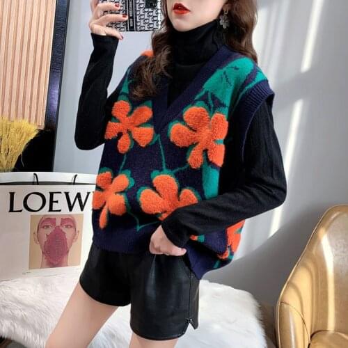 IHOBBY Retro Jacquard Floral Sweater Vest Women 2021 New Fashion Loose V Neck Sleeveless Vest Knitted Tops