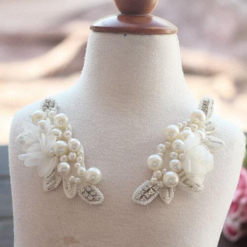 2pcs Ivory Chiffon Leaves Corsage Collar Patch With Pearl Beads Rhinestones For Dress Costume DIY Craft Supplies