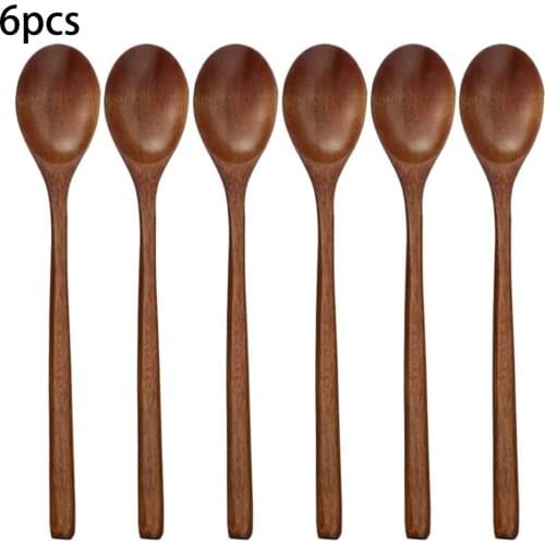 6Pcs Long Handle Wooden Spoon Korean Style 9 '' Natural Wood Soup Scoop Teaspoon Kids Ice Cream Dessert Spoon Kitchen Tableware
