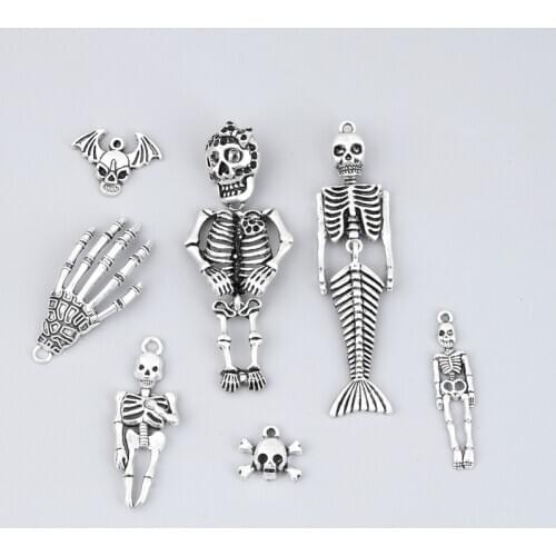 7pcs Mix Charms Bone Skeleton Silver Color Pendant For Making Necklace Bracelet Jewelry Supplies
