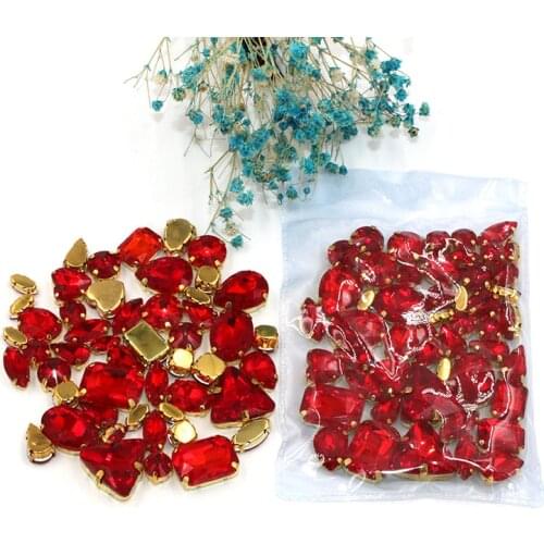 Clothing accessories mixed shape Red glass crystal sewing rhinestones with gold base for dress/garment/shoes