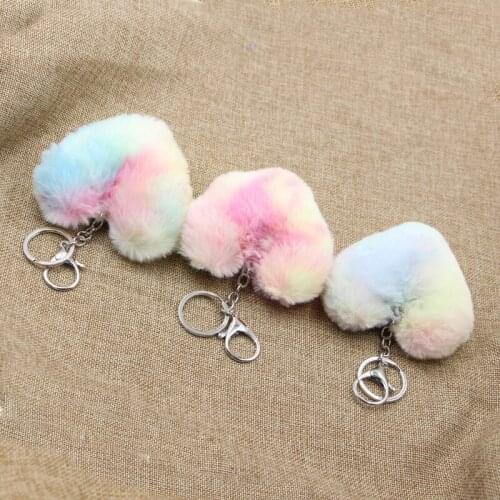 Colorful Striped Imitation KeyChain Pompom Key Chain Heart Pompom Key Chain Heart-shaped Key Rings Girl Fourrure Pompon Women