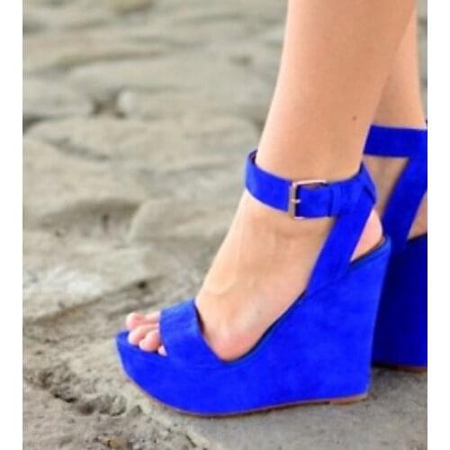 Choudory Royal Blue Suede Wedged Heel Sandals Open Toe Platform Dress Shoes Ankle Buckle Strap Gladiator Pumps Size46 Dropship