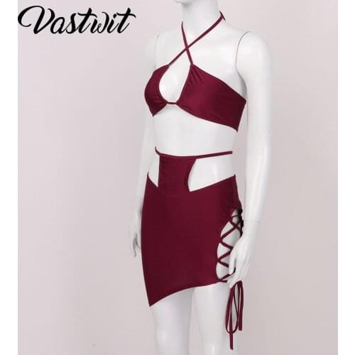 Women Sleeveless Sexy Club Party Bandage Dresses Spaghetti Strap Two Piece Clubwear Crop Top + Lace Up Skirt