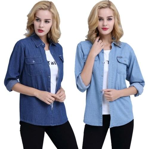 Women Summer Denim Jean Blue Shirt Lady Long Sleeve Loose Plus Size Casual Top Outerwear Blouse Outwear 4XL