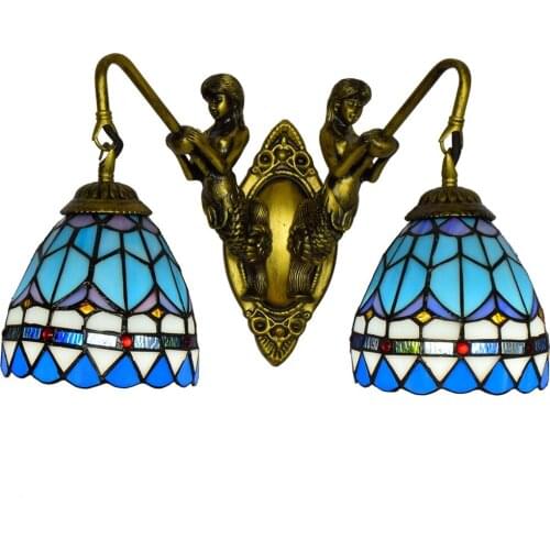 European-Style Retro Mermaid Corridor Double-Headed Wall Lamp American Tiffany Colored Glass Living Room Dining Room