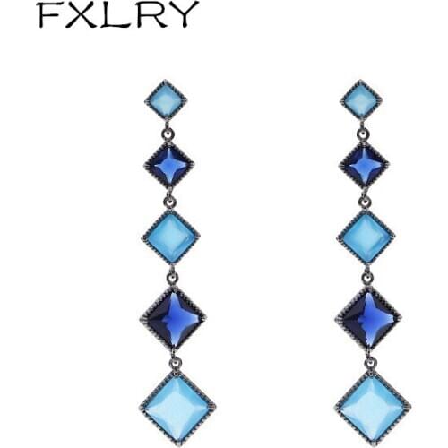 FXLRY New luxury Jewelry Crystal Geometric Shape Water Blue inlaid zircon Party Dangle Earrings For Women