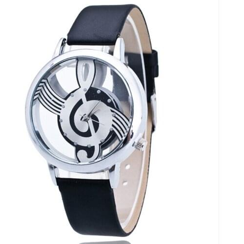 Creative Hollow Lady Wristwatches Fashion Music Note Quartz Watch Black PU Leather Strap Bracelet Watch Montre Femme