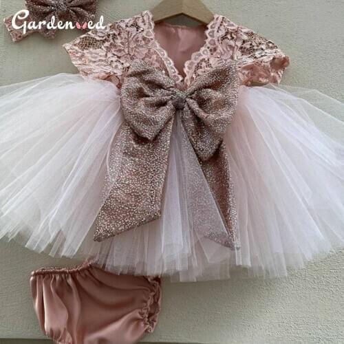 Cute Lace Bow Flower Girl Dresses Puffy Pleated Tulle First Communion Dress Little Bride Dresses robe de princesse Birthday New