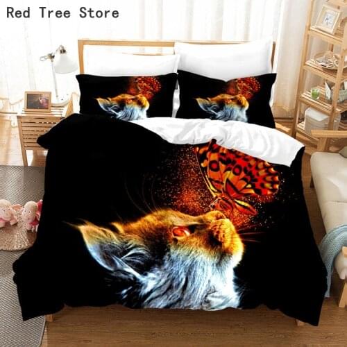 Cute Cat and Butterfly Animal Bedding Set King Queen Size 3d Home Decor Microfiber Bed Linen Duvet Cover With Pillowcase 2/3pcs