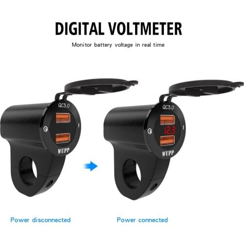 Motorcycle aluminum alloy waterproof mobile phone charger, digital display voltage, car QC3.0 dual USB super fast charge
