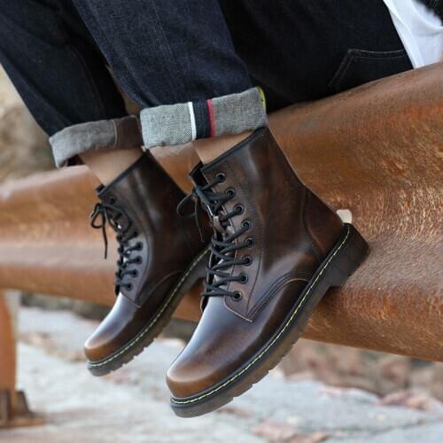 2020 Winter new Boots Mens Leather Fashion Tooling Shoes Mid-high Large Size Comfortable Trendy Retro Military Boots Men