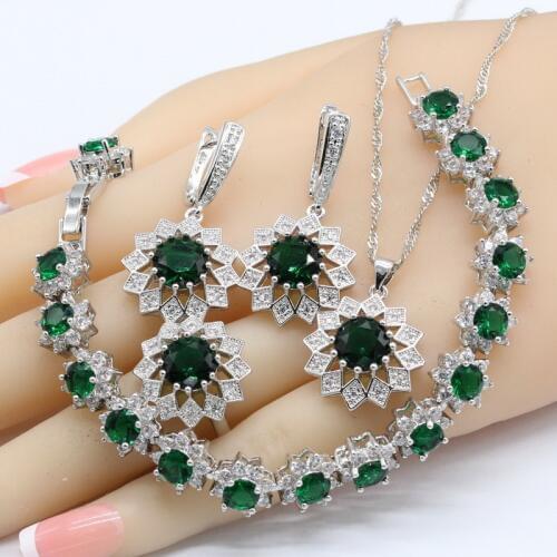 Green Crystal White Zirconia Silver Color Wedding Jewelry Sets For Women Necklace Pendant Earrings Rings Bracelets