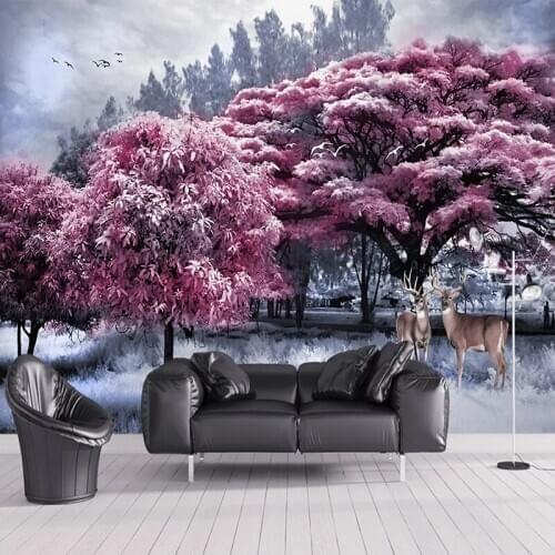 Custom 3D Photo Wallpaper Romantic Pink Forest Big Tree Elk Landscape Wall Painting Living Room Restaurant Decor Mural De Parede