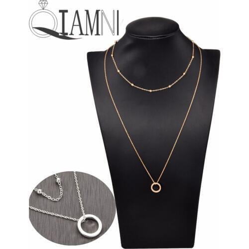 QIAMNI Boho Double Layer Beads Chain Circle Round Choker Pendant Necklace Birthday Gift Kolye Collares Bijoux Charm