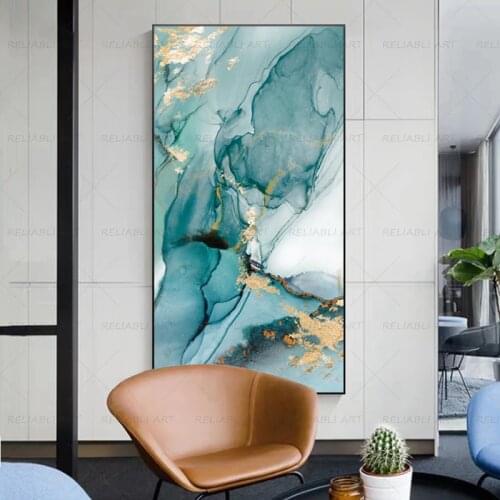 Modern Abstract Green Gold Leaf Canvas Art Fashion Blue Poster and Print Wall Image for Living Room Elegant Cuadro Decorative