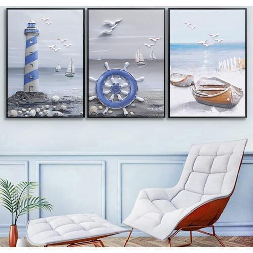 Modern Cartoon Mediterranean Landscape Lighthouse Wall Art Canvas Paintings Wall Pictures Prints Posters Kids Room Home Decor