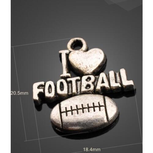 High Quality 50 Pieces/Lot 20.5mm*18.4mm Antique Silver Plated I Love Football American Football Charm Wholesale