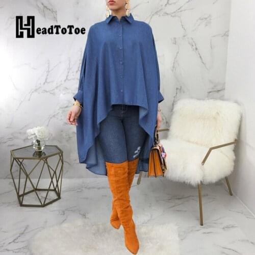 Solid Button Casual Fashion Shirts Women Full Sleeve Turn Down Collar Irregular Denim Capes Woman