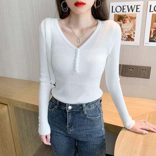 Womens Jumper Pullover Women Knitted Sweater Fashion V-neck Long Sleeve Slim Sweater Autumn Winter