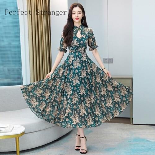 High Quality 2021Summer New Arrival Cheongsam Stand Collar Flower Printed Short Sleeve Women Chiffon Long Dress M-3XL