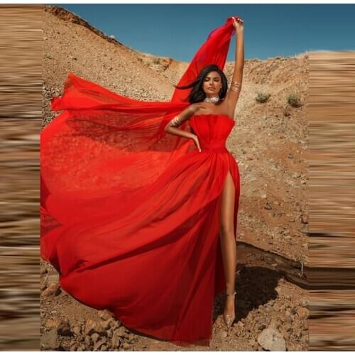 Red Evening Dresses 2021 Strapless Chiffon Sexy High Slit For Women Formal Prom Night Party Gowns Floor Length Robe De Soiree