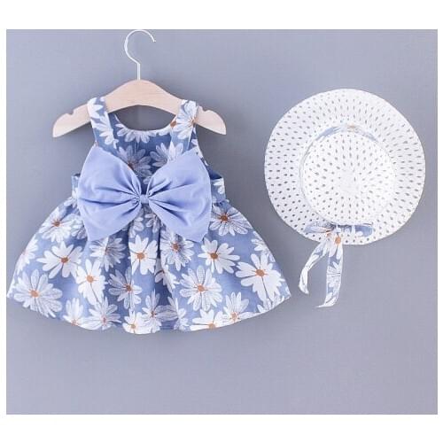 2020 New Fashion Baby Girl Dresses Princess clothing Cute 2pcs set Party Cotton Flower Children Bow Hat Sleeveless Sweet 1-3Y