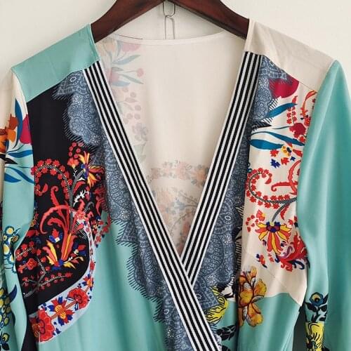 Bohemian Long Pleated Women Summer Autumn Runway Fashion V-Neck Flower Print Blue Maxi Party Holiday Dress