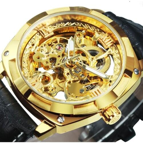 Retro Gold Watch Men Skeleton Watches Mens 2021 Automatic Luxury Brand Leather Strap Carved Design Clock часы мужские FORSINING