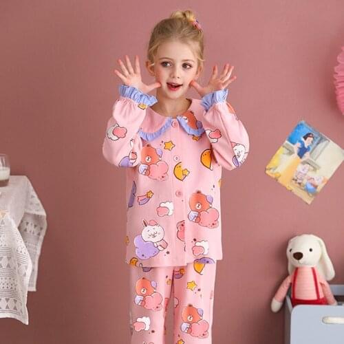 Girls' Homewear Sets Pure Cotton Baby Girl Sleepwear Cute Cartoon Long Sleeve Kids Home Clothes Autumn Trousers Children Pajamas