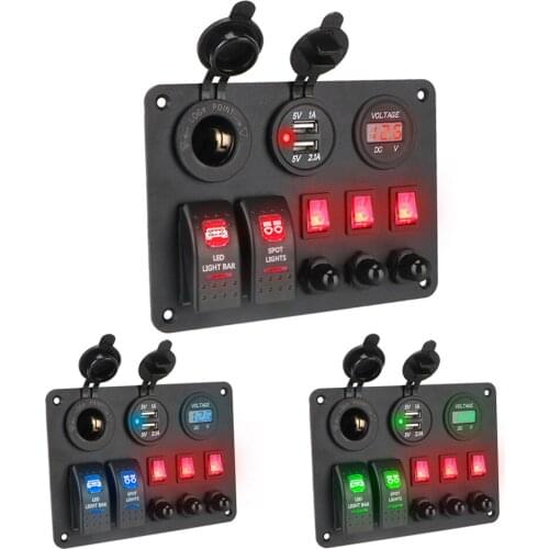 Dual USB Ports With Overload Protector Car Marine RV Circuit LED Breaker Digital Voltmeter 2+3 Gang Rocker Switch Panel
