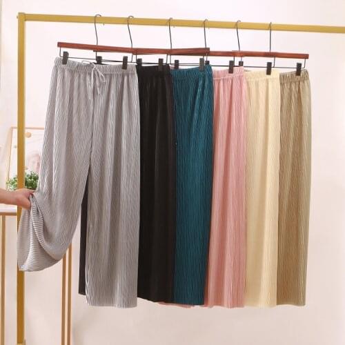IKENGLING 2021 New Womens Summer Thin High-waist Korean Style Non-iron Pleated Straight Leg Solid Loose Drape Wide-leg Pants