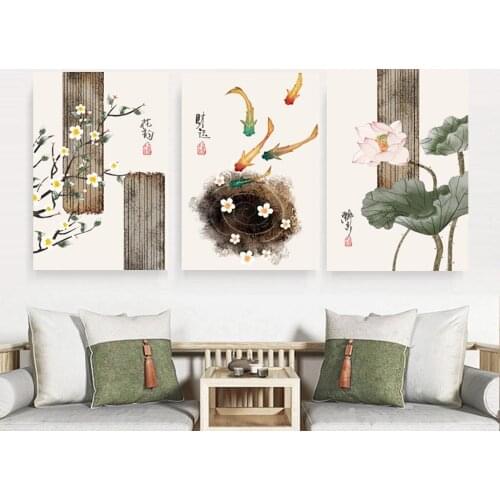 Creative Art Floral Fish Canvas Paintings Wall Decor Living Room Prints Wall Art Lotus Pictures Traditional Chinese Paintings