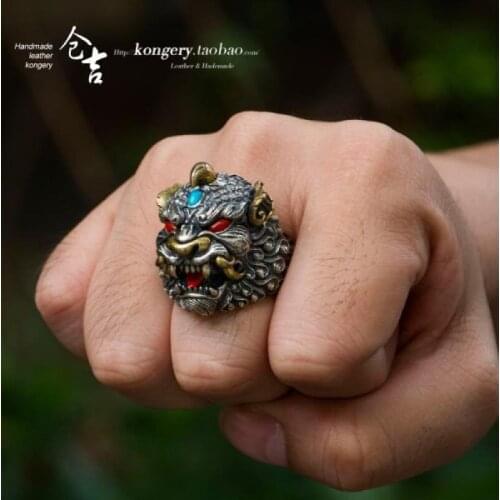 Cangji handmade ring 925 silver carved brave retro lucky men and women give gifts personalized silver jewelry opening ring