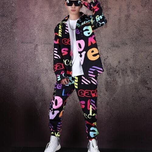 MenS Nightclub Outfits Loose Letters Printed Shirt Pants Hip Hop GOGO Dance Costume Trendy Suit Hiphop Performance Wear 1880