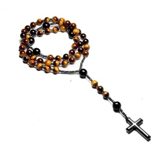 Natural Tiger Eye Stone Catholic Christ Rosary Necklaces For Women Men Hematite Cross Pendant Mala Jewelry
