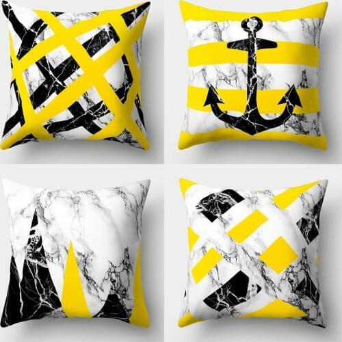 Yellow geometric line style polyester marble grain peach skin throw pillow cover, Soft fabric home decorative pillowcase 45*45cm