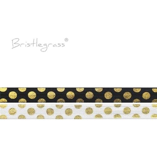 BRISTLEGRASS Wholesale 50 Yard 5/8" 15mm Gold Polka Dot Foil Print FOE Fold Over Elastic Spandex Band Headband Tutu Dress Sewing