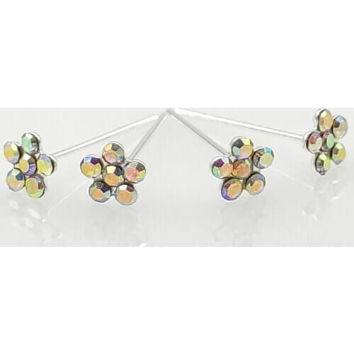 925 Sterling silver flower nose stud pin fashion AB crystal nose Piercing Straight End 10pcs/lot